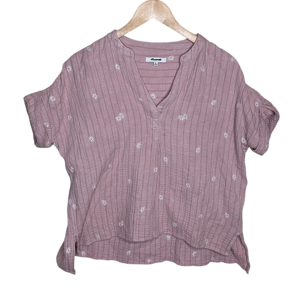 Madewell Embroidered Lakeline Daisies Cotton Gauze Top size XS Pink/White